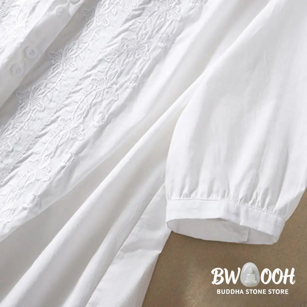 Buddha Stones Summer Plain Button Embroidery Flower Pattern Three Quarter Sleeve Lapel Cotton Linen Women’s Shirt