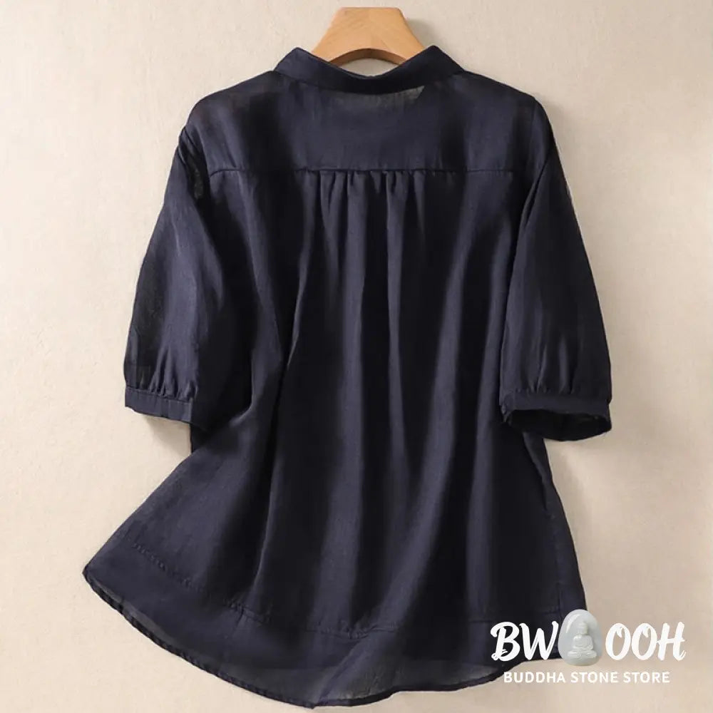 Buddha Stones Summer Plain Button Embroidery Flower Pattern Three Quarter Sleeve Lapel Cotton Linen Women’s Shirt