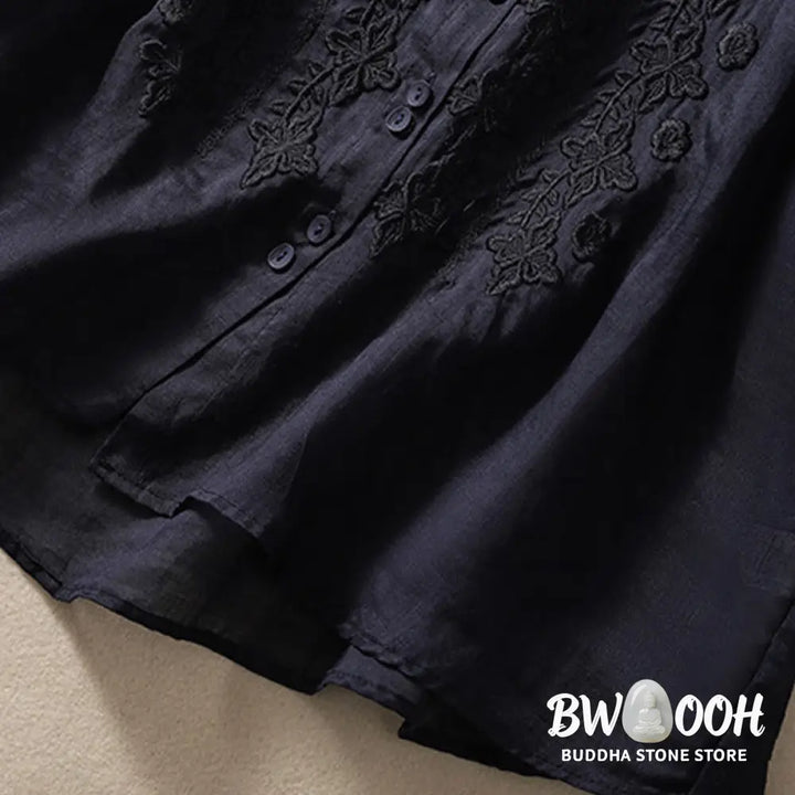 Buddha Stones Summer Plain Button Embroidery Flower Pattern Three Quarter Sleeve Lapel Cotton Linen Women’s Shirt