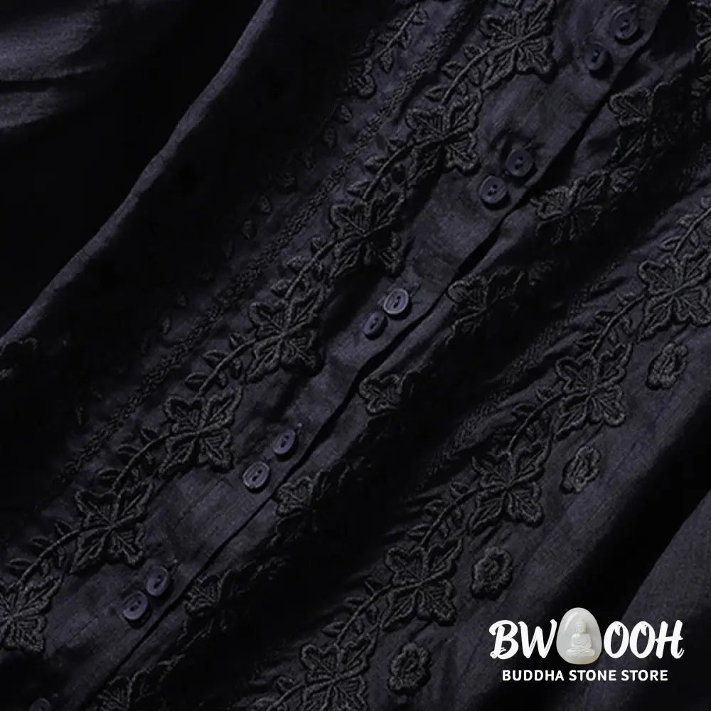 Buddha Stones Summer Plain Button Embroidery Flower Pattern Three Quarter Sleeve Lapel Cotton Linen Women’s Shirt