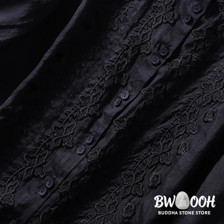 Buddha Stones Summer Plain Button Embroidery Flower Pattern Three Quarter Sleeve Lapel Cotton Linen Women’s Shirt