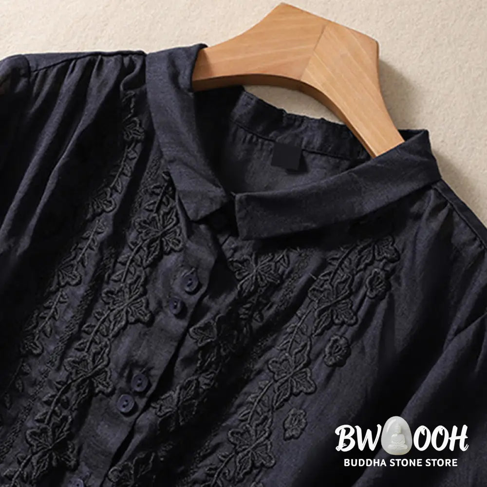 Buddha Stones Summer Plain Button Embroidery Flower Pattern Three Quarter Sleeve Lapel Cotton Linen Women’s Shirt