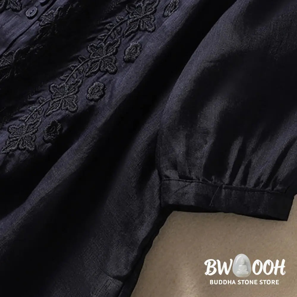 Buddha Stones Summer Plain Button Embroidery Flower Pattern Three Quarter Sleeve Lapel Cotton Linen Women’s Shirt