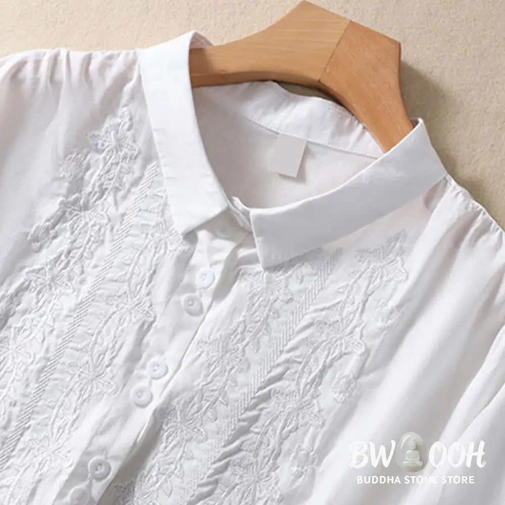Buddha Stones Summer Plain Button Embroidery Flower Pattern Three Quarter Sleeve Lapel Cotton Linen Women’s Shirt