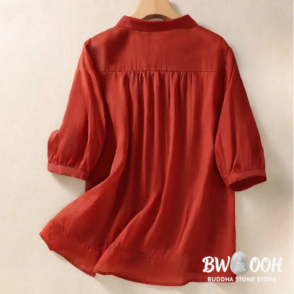 Buddha Stones Summer Plain Button Embroidery Flower Pattern Three Quarter Sleeve Lapel Cotton Linen Women’s Shirt