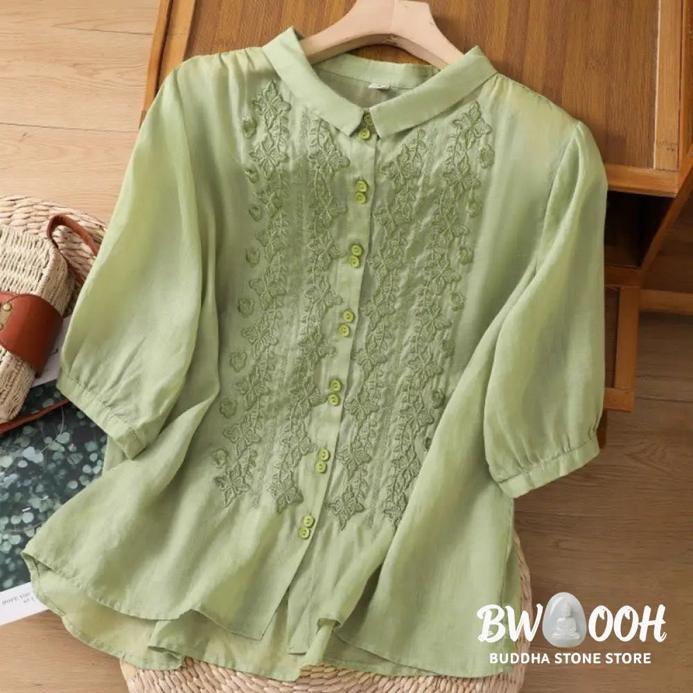 Buddha Stones Summer Plain Button Embroidery Flower Pattern Three Quarter Sleeve Lapel Cotton Linen Women’s Shirt