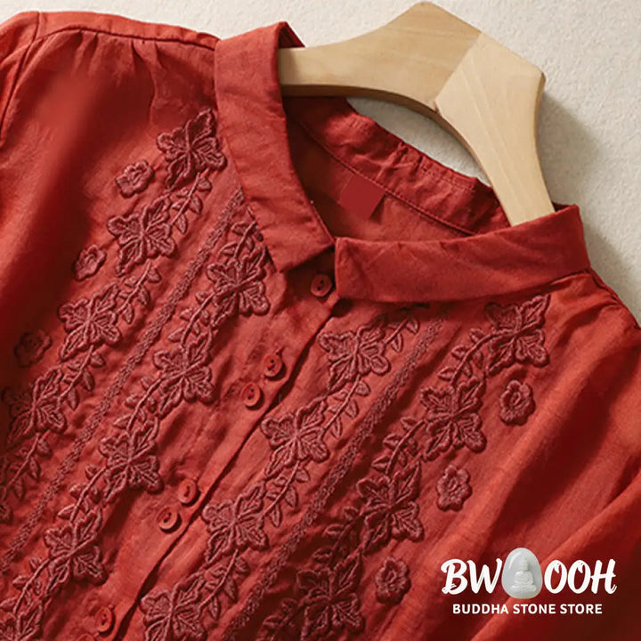 Buddha Stones Summer Plain Button Embroidery Flower Pattern Three Quarter Sleeve Lapel Cotton Linen Women’s Shirt