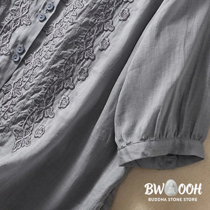 Buddha Stones Summer Plain Button Embroidery Flower Pattern Three Quarter Sleeve Lapel Cotton Linen Women’s Shirt