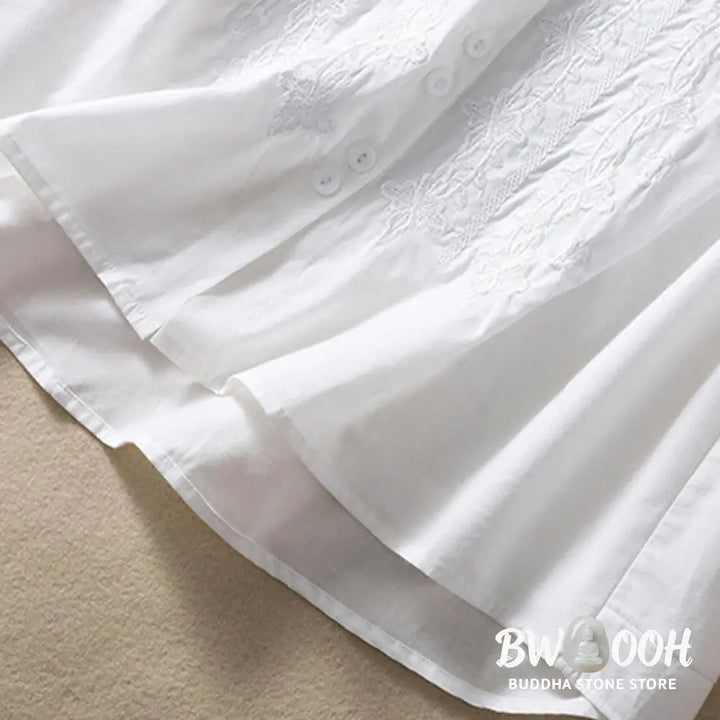 Buddha Stones Summer Plain Button Embroidery Flower Pattern Three Quarter Sleeve Lapel Cotton Linen Women’s Shirt