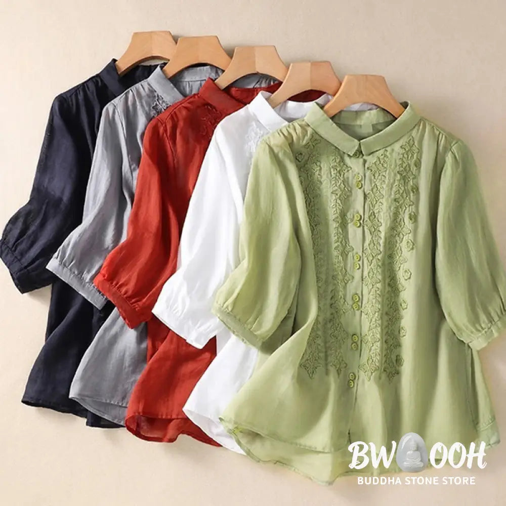 Buddha Stones Summer Plain Button Embroidery Flower Pattern Three Quarter Sleeve Lapel Cotton Linen Women’s Shirt