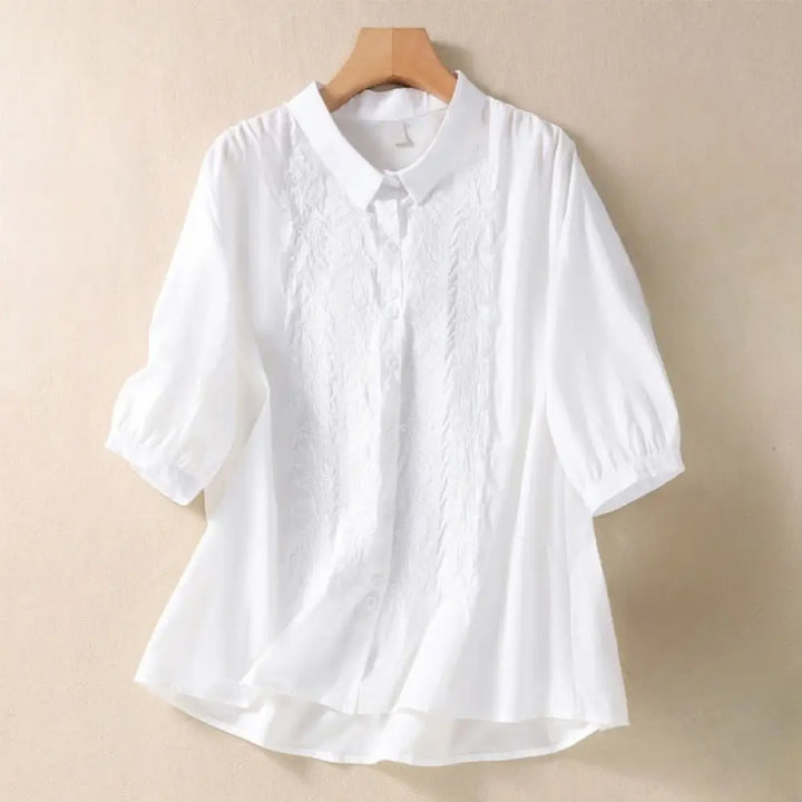 Buddha Stones Summer Plain Button Embroidery Flower Pattern Three Quarter Sleeve Lapel Cotton Linen Women’s Shirt