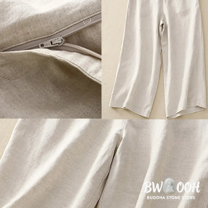 Buddha Stones Summer Plain Color 7-8 Length Cotton Linen Women’s Wide Leg Pants With Pockets Zipper - Women’s Wide Leg