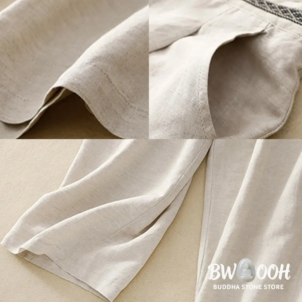 Buddha Stones Summer Plain Color 7-8 Length Cotton Linen Women’s Wide Leg Pants With Pockets Zipper - Women’s Wide Leg