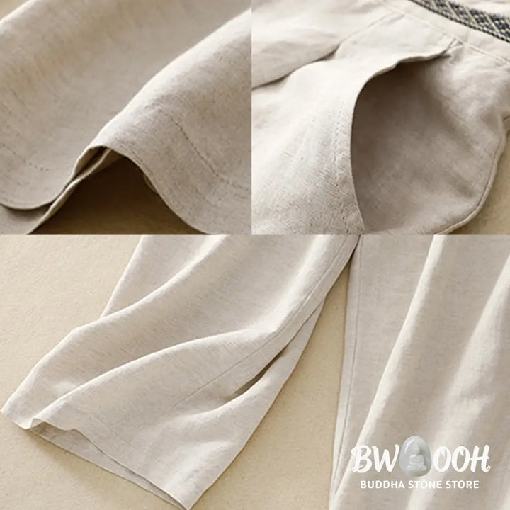 Buddha Stones Summer Plain Color 7-8 Length Cotton Linen Women’s Wide Leg Pants With Pockets Zipper - Women’s Wide Leg