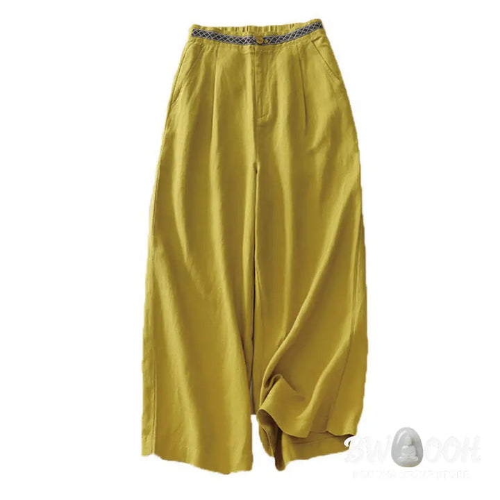 Buddha Stones Summer Plain Color 7-8 Length Cotton Linen Women’s Wide Leg Pants With Pockets Zipper - Women’s Wide Leg