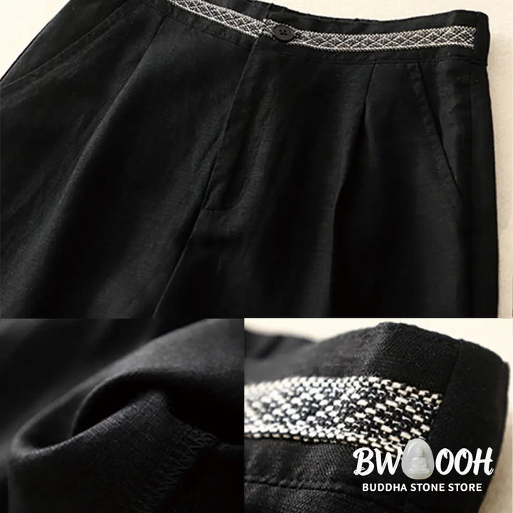 Buddha Stones Summer Plain Color 7-8 Length Cotton Linen Women’s Wide Leg Pants With Pockets Zipper - Women’s Wide Leg