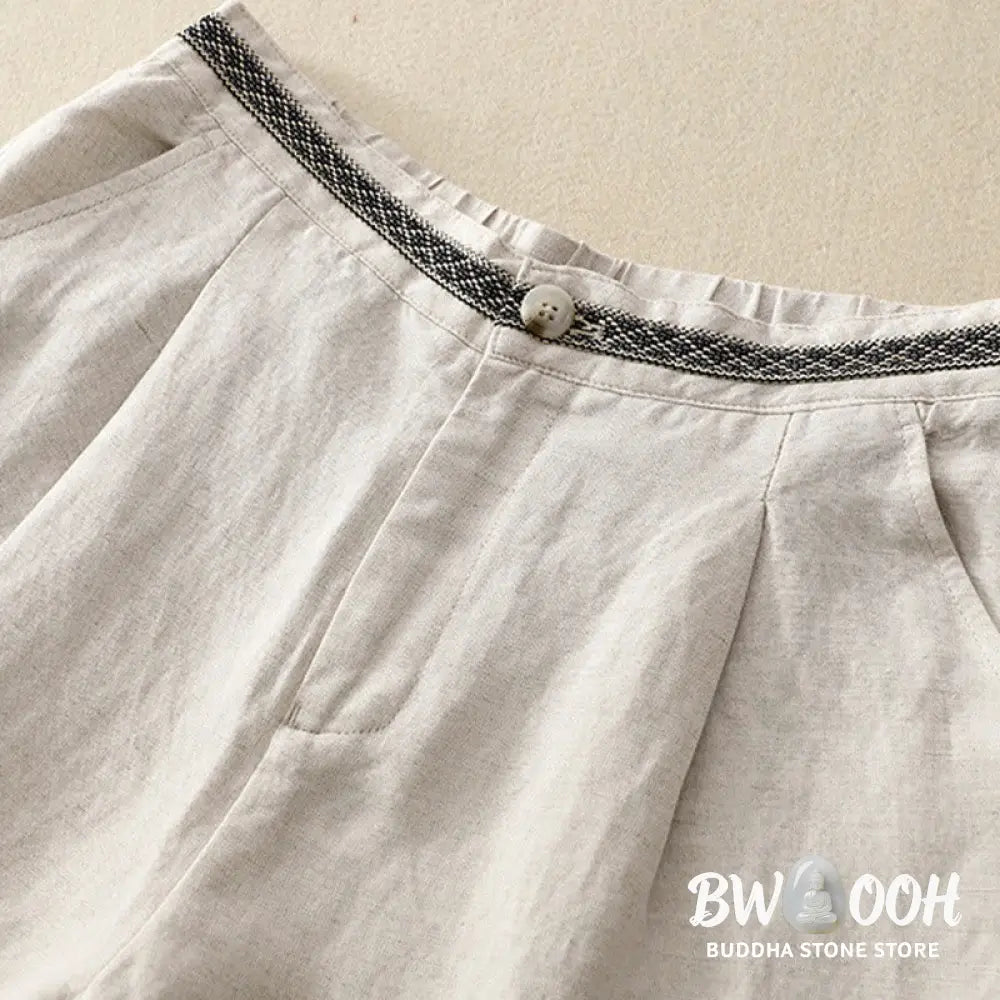 Buddha Stones Summer Plain Color 7-8 Length Cotton Linen Women’s Wide Leg Pants With Pockets Zipper - Women’s Wide Leg