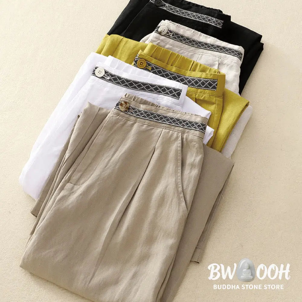 Buddha Stones Summer Plain Color 7-8 Length Cotton Linen Women’s Wide Leg Pants With Pockets Zipper - Women’s Wide Leg