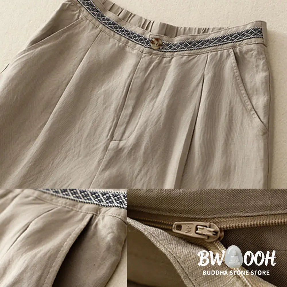 Buddha Stones Summer Plain Color 7-8 Length Cotton Linen Women’s Wide Leg Pants With Pockets Zipper - Women’s Wide Leg