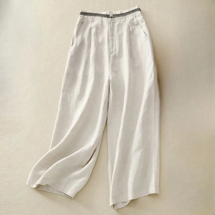 Buddha Stones Summer Plain Color 7-8 Length Cotton Linen Women’s Wide Leg Pants With Pockets Zipper - Beige