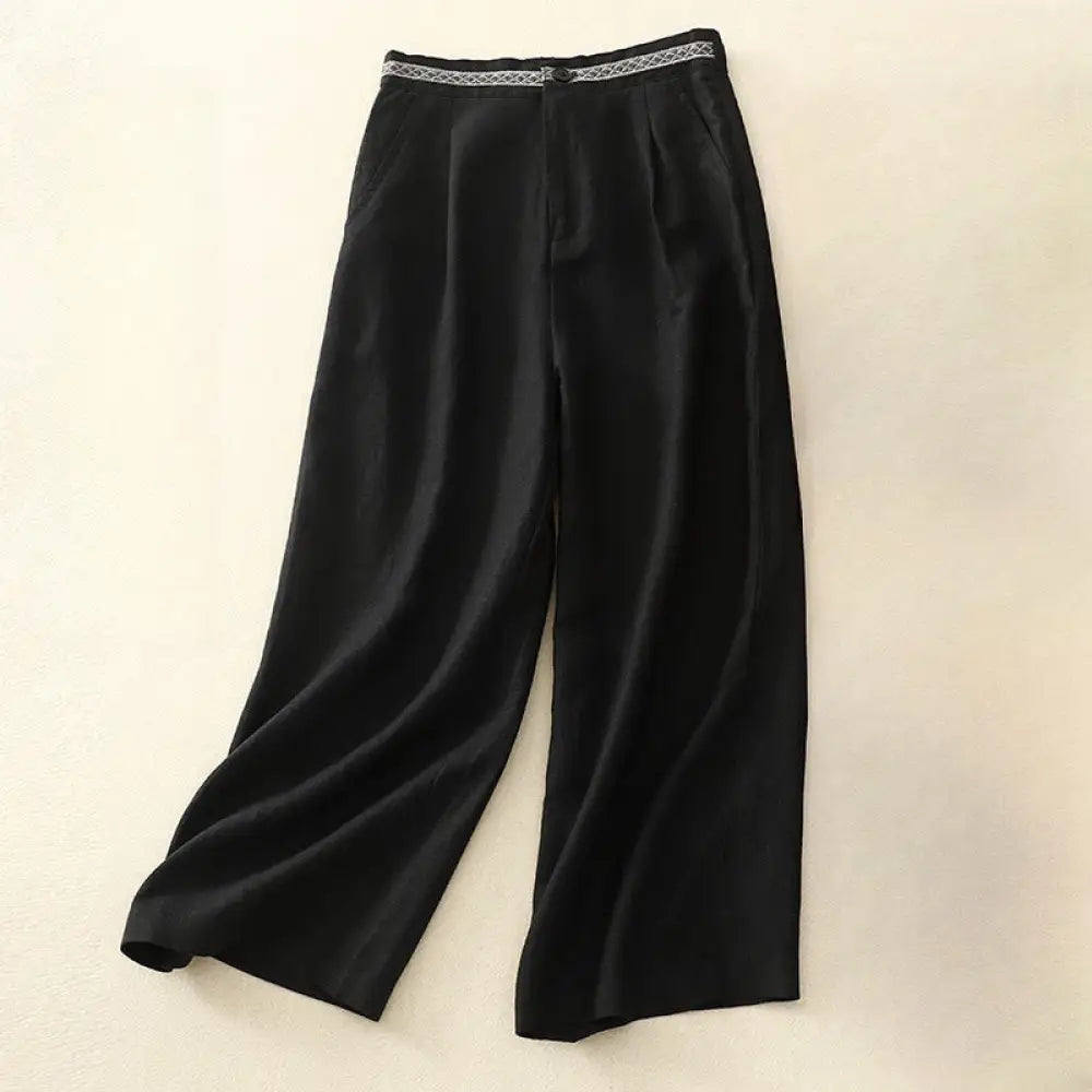 Buddha Stones Summer Plain Color 7-8 Length Cotton Linen Women’s Wide Leg Pants With Pockets Zipper - Black
