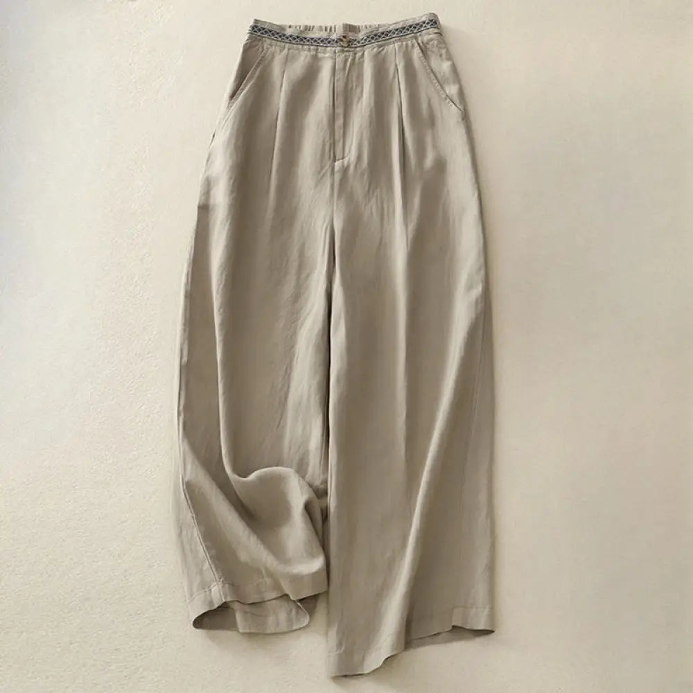 Buddha Stones Summer Plain Color 7-8 Length Cotton Linen Women’s Wide Leg Pants With Pockets Zipper - DarkKhaki