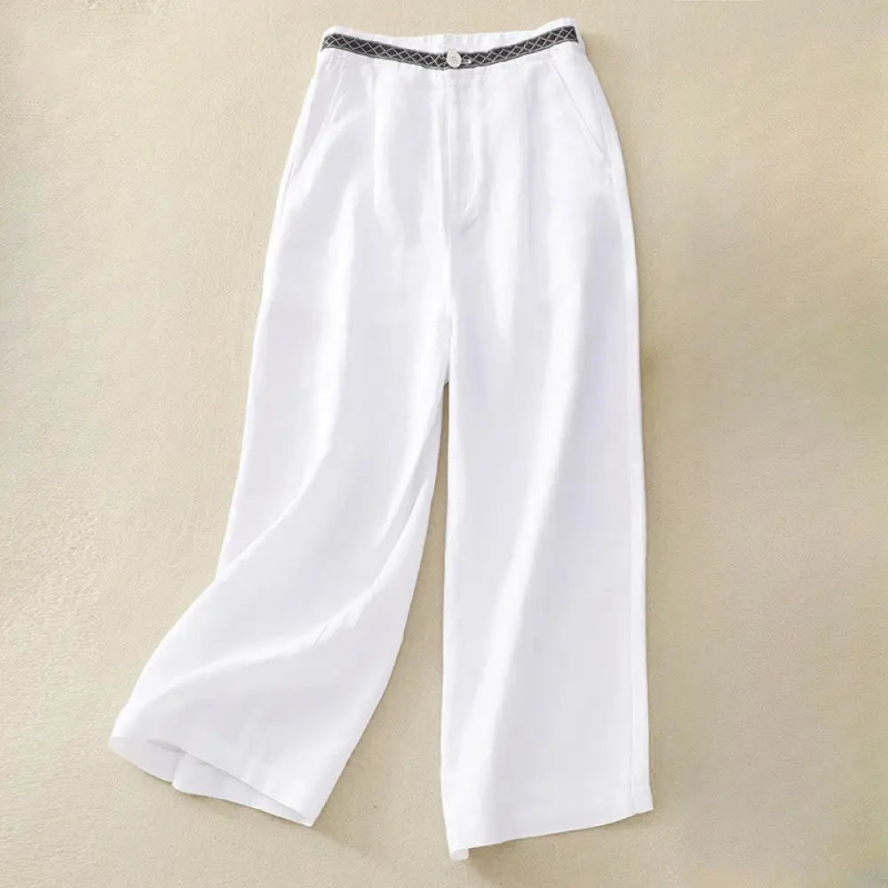 Buddha Stones Summer Plain Color 7-8 Length Cotton Linen Women’s Wide Leg Pants With Pockets Zipper - White