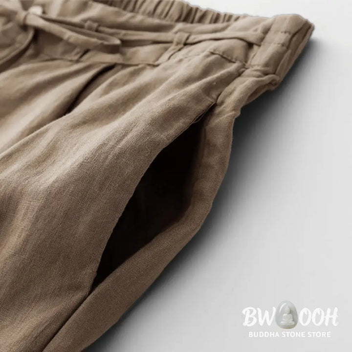 Buddha Stones Summer Plain Color Ankle-Length Drawstring Cotton Linen Women’s Wide Leg Pants With Pockets Zipper