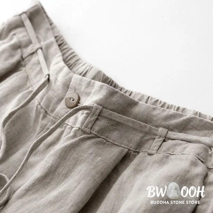 Buddha Stones Summer Plain Color Ankle-Length Drawstring Cotton Linen Women’s Wide Leg Pants With Pockets Zipper
