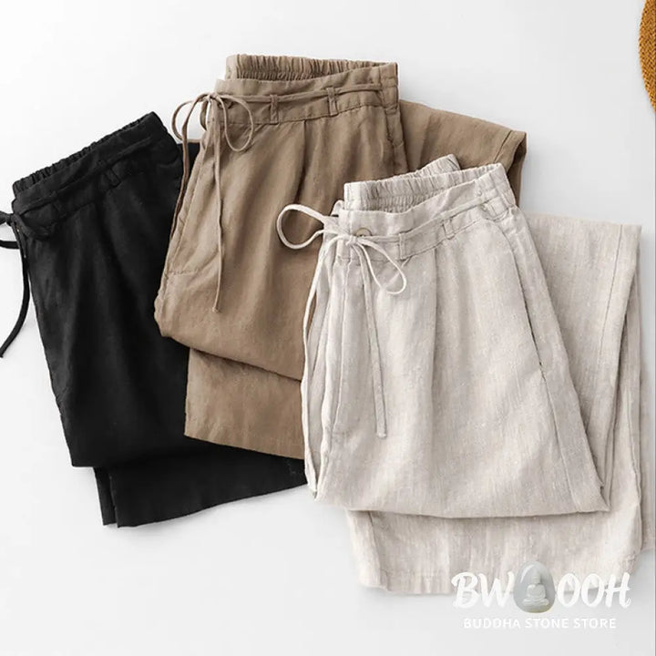 Buddha Stones Summer Plain Color Ankle-Length Drawstring Cotton Linen Women’s Wide Leg Pants With Pockets Zipper