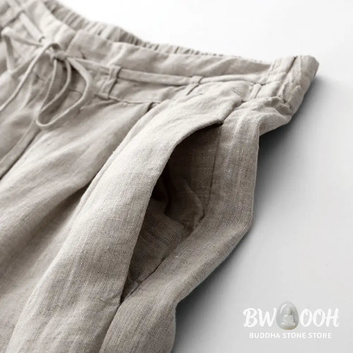 Buddha Stones Summer Plain Color Ankle-Length Drawstring Cotton Linen Women’s Wide Leg Pants With Pockets Zipper