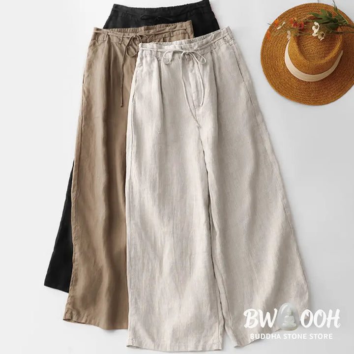 Buddha Stones Summer Plain Color Ankle-Length Drawstring Cotton Linen Women’s Wide Leg Pants With Pockets Zipper