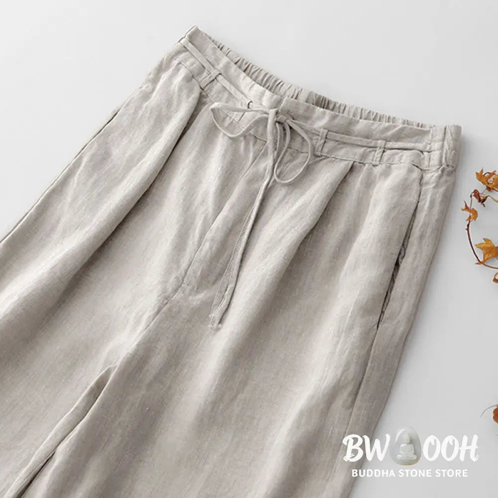 Buddha Stones Summer Plain Color Ankle-Length Drawstring Cotton Linen Women’s Wide Leg Pants With Pockets Zipper