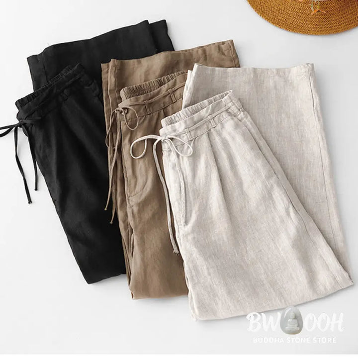 Buddha Stones Summer Plain Color Ankle-Length Drawstring Cotton Linen Women’s Wide Leg Pants With Pockets Zipper
