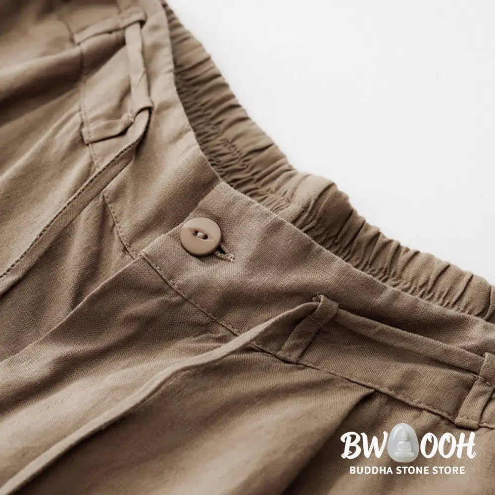 Buddha Stones Summer Plain Color Ankle-Length Drawstring Cotton Linen Women’s Wide Leg Pants With Pockets Zipper