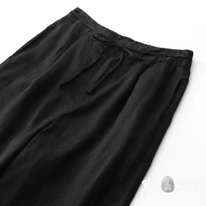Buddha Stones Summer Plain Color Ankle-Length Drawstring Cotton Linen Women’s Wide Leg Pants With Pockets Zipper