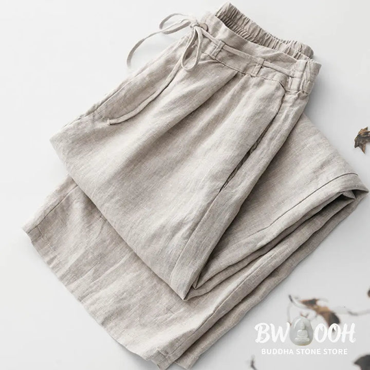 Buddha Stones Summer Plain Color Ankle-Length Drawstring Cotton Linen Women’s Wide Leg Pants With Pockets Zipper