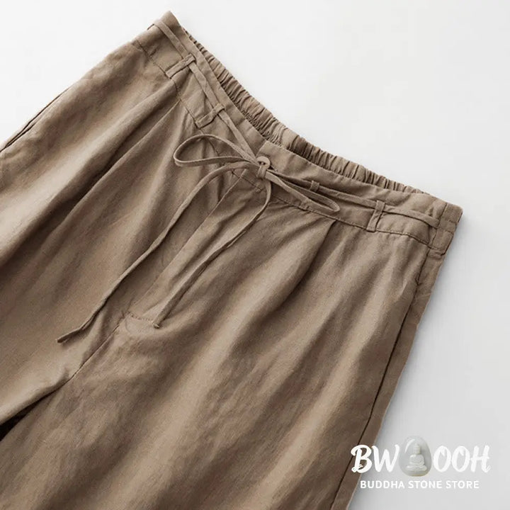 Buddha Stones Summer Plain Color Ankle-Length Drawstring Cotton Linen Women’s Wide Leg Pants With Pockets Zipper