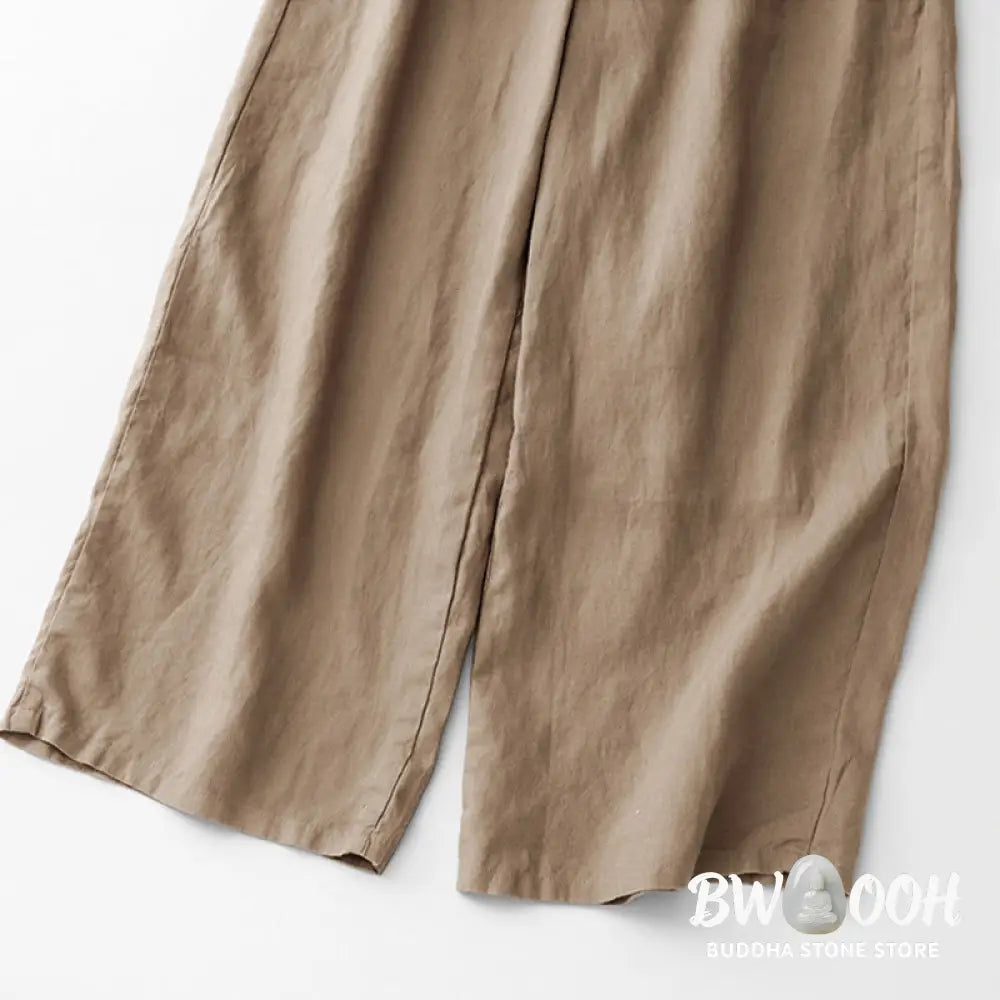 Buddha Stones Summer Plain Color Ankle-Length Drawstring Cotton Linen Women’s Wide Leg Pants With Pockets Zipper