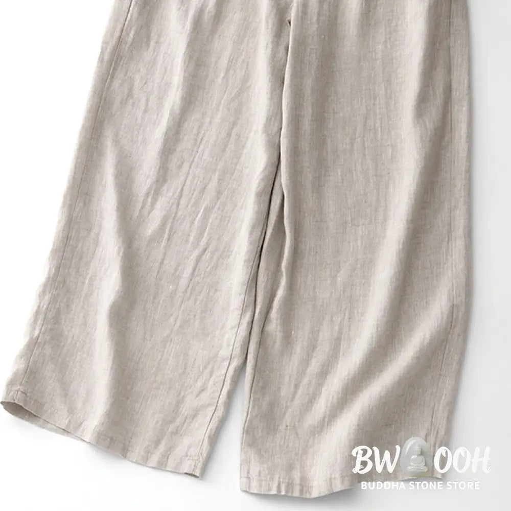 Buddha Stones Summer Plain Color Ankle-Length Drawstring Cotton Linen Women’s Wide Leg Pants With Pockets Zipper