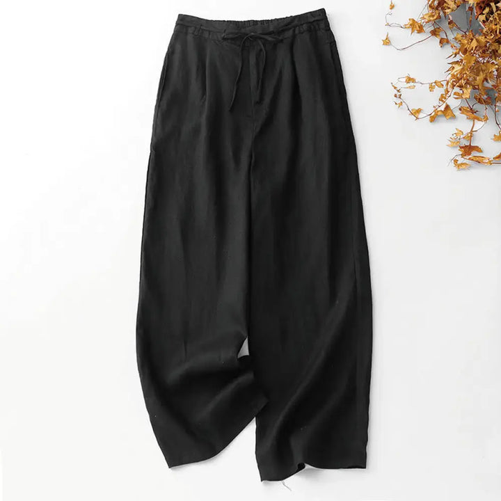 Buddha Stones Summer Plain Color Ankle-Length Drawstring Cotton Linen Women’s Wide Leg Pants With Pockets Zipper