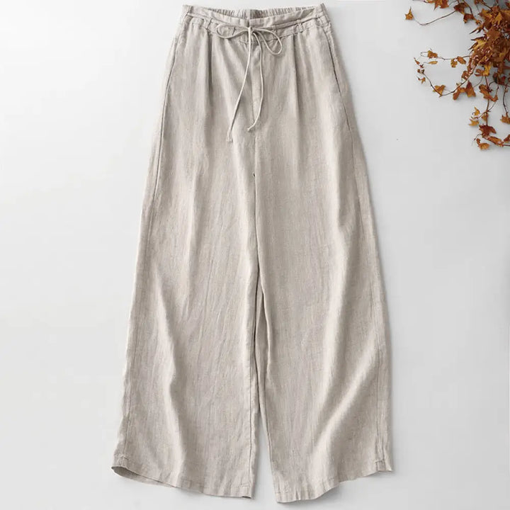 Buddha Stones Summer Plain Color Ankle-Length Drawstring Cotton Linen Women’s Wide Leg Pants With Pockets Zipper