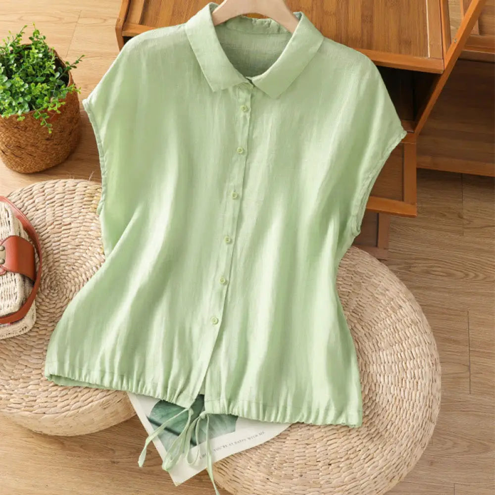 Buddha Stones Summer Plain Color Button Short Sleeve Women’s Cotton Shirt - LightGreen / US6，UK/AU10，EU38 (M) - Women’s
