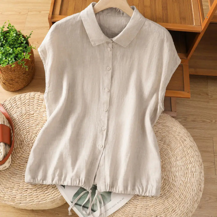Buddha Stones Summer Plain Color Button Short Sleeve Women’s Cotton Shirt - Linen / US6，UK/AU10，EU38 (M) - Women’s