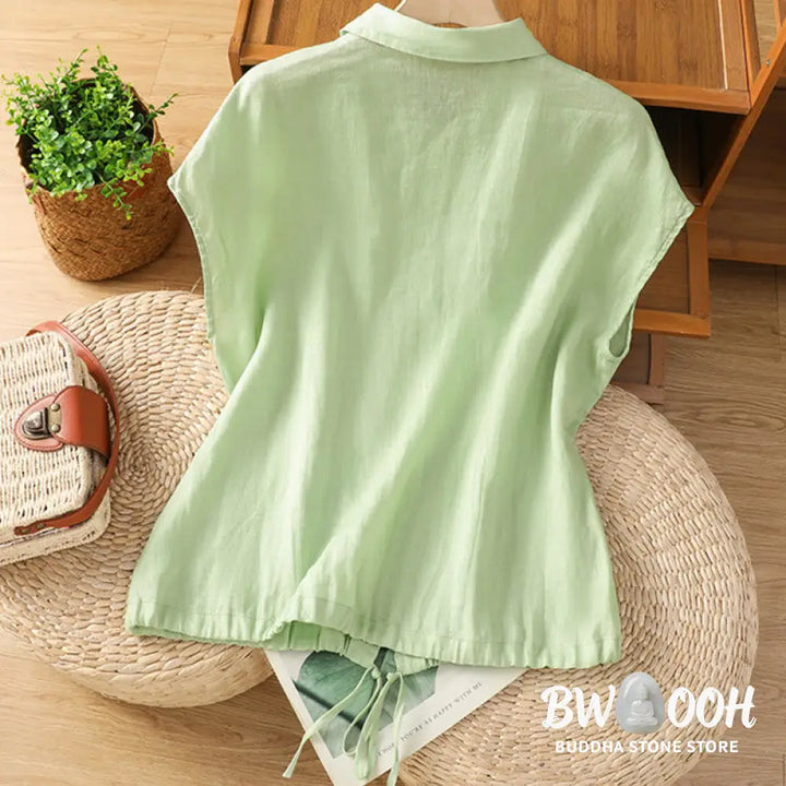 Buddha Stones Summer Plain Color Button Short Sleeve Women’s Cotton Shirt - Women’s Shirts