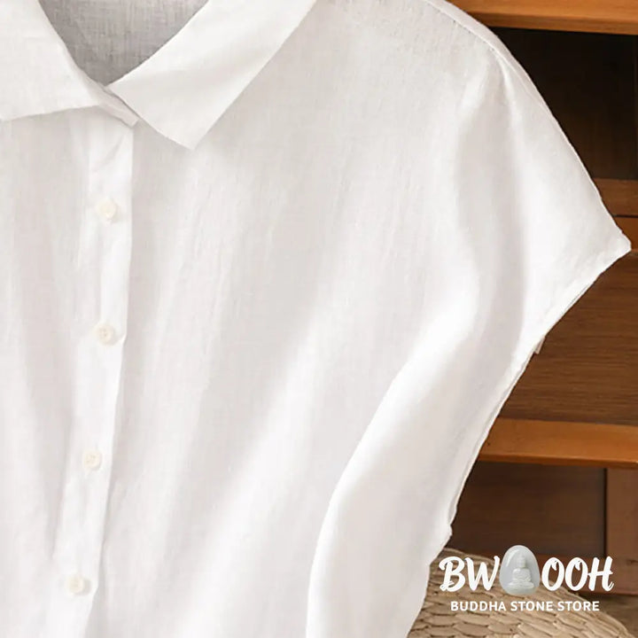 Buddha Stones Summer Plain Color Button Short Sleeve Women’s Cotton Shirt - Women’s Shirts