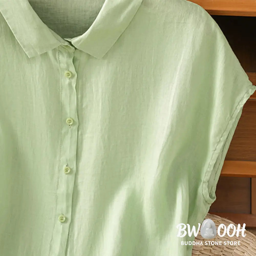 Buddha Stones Summer Plain Color Button Short Sleeve Women’s Cotton Shirt - Women’s Shirts