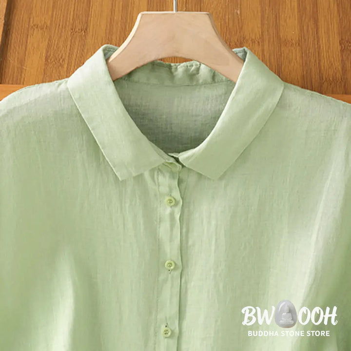 Buddha Stones Summer Plain Color Button Short Sleeve Women’s Cotton Shirt - Women’s Shirts