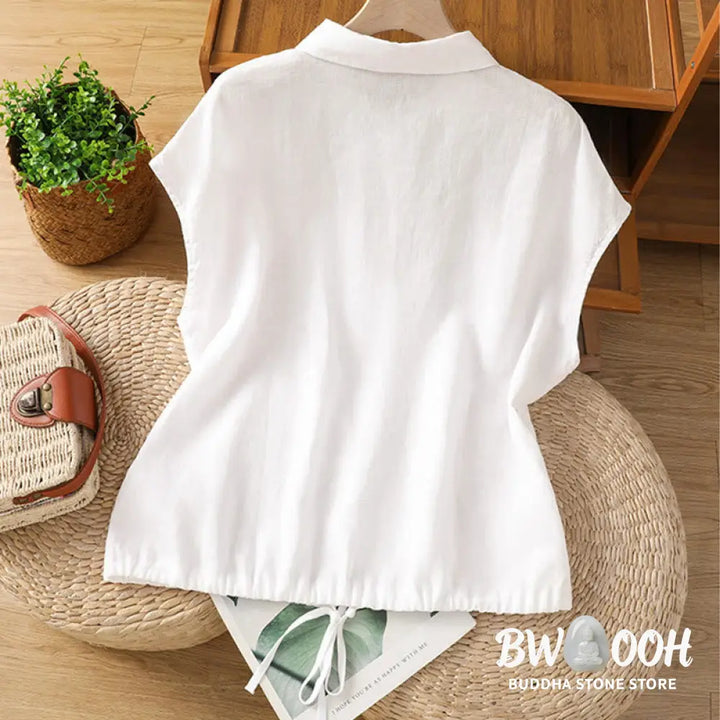 Buddha Stones Summer Plain Color Button Short Sleeve Women’s Cotton Shirt - Women’s Shirts