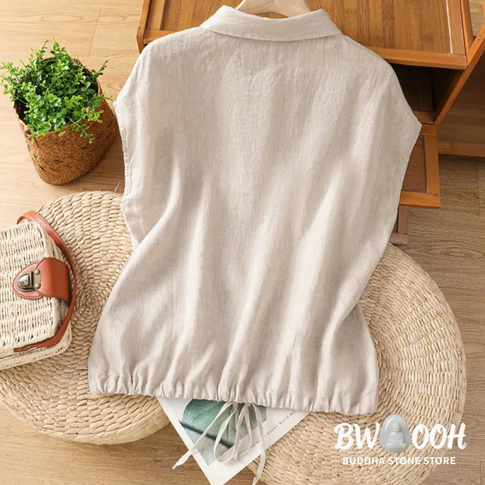 Buddha Stones Summer Plain Color Button Short Sleeve Women’s Cotton Shirt - Women’s Shirts